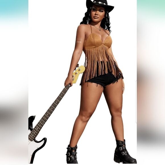 Verdusa Women's Fringe V Neck Suede Halter Top new with tags size Medium - Picture 5 of 11